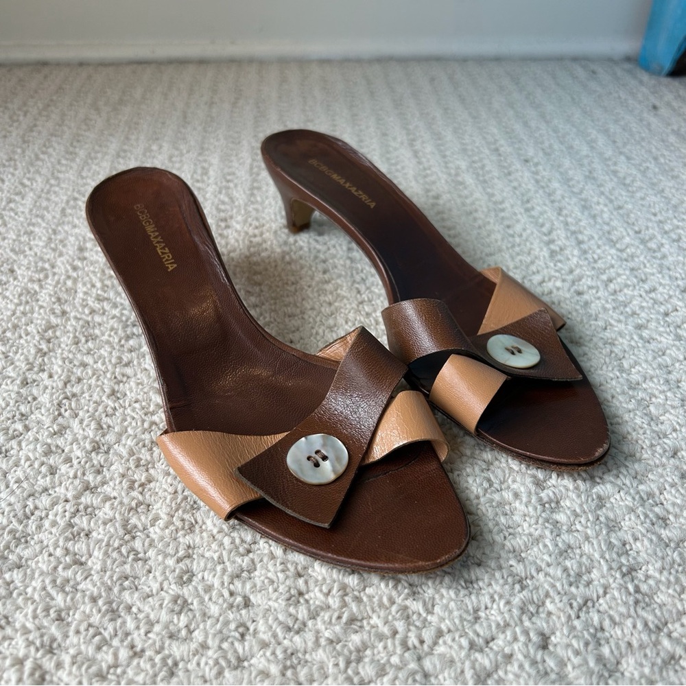 BCBGMaxAzria Brown and Tan Leather Knot Mule Heels - Picture 14 of 14
